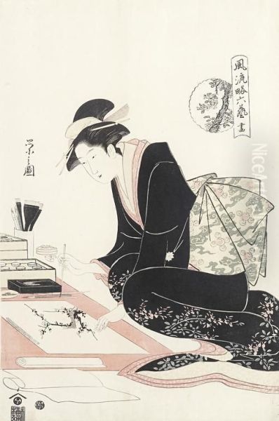 Lady Oil Painting by Chobunsai Eishi