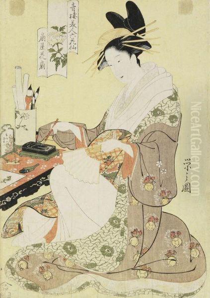 A Portrait Of The Courtesan Hanaogi Of The Ogiya Preparing Todecorate A Fan Oil Painting by Chobunsai Eishi