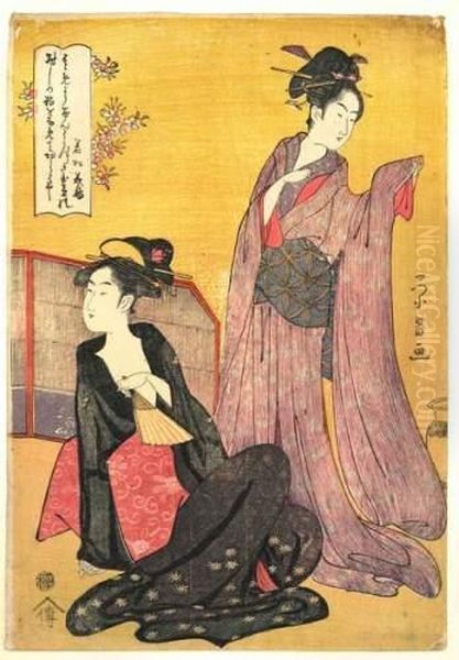 Deux Jeunes Femmes Se Plaignent De La Froideur De Leurs Amants Oil Painting by Chokosai Eisho