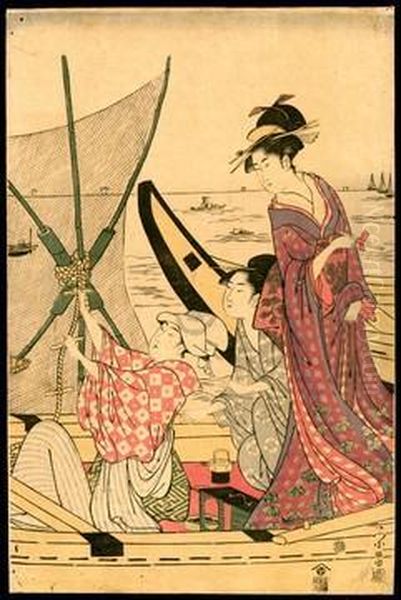 Three Beauties In A Boat Oil Painting by Chokosai Eisho