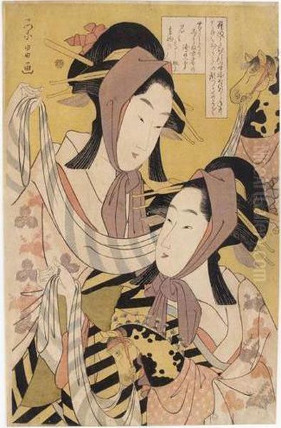 Naniwaya Okita Et Takashima Ohisa En Danseurs Harugoma Oil Painting by Chokosai Eisho