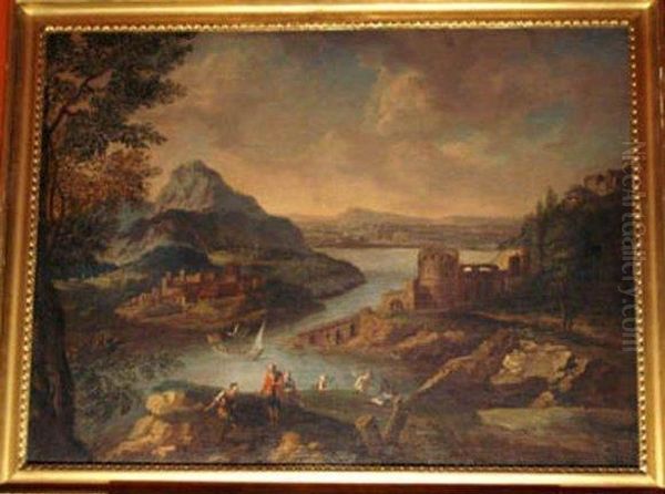 Italian Landscape With Peasants Oil Painting by Johann Eismann