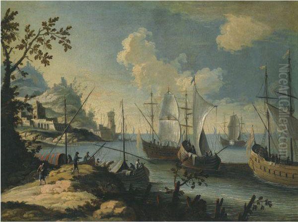 A Mediterranean Coastal Scene With Ships At Anchor And Figures On A Path To The Left Oil Painting by Johann Eismann