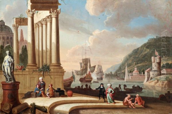 Oriental Port With Merchants Oil Painting by Johann Eismann