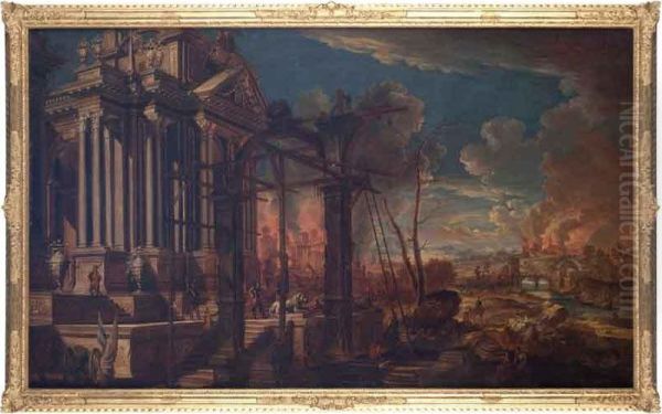 Paesaggio Con Capriccio Architettonico E Scena Di Battaglia Oil Painting by Johann Eismann