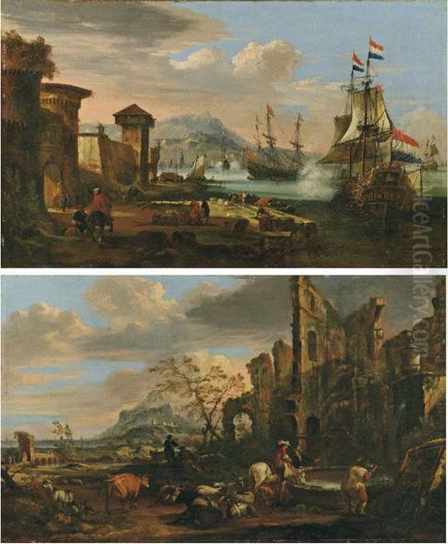 Veduta Marina Con Porto Fortificato E Galeoni All'approdo Oil Painting by Johann Eismann