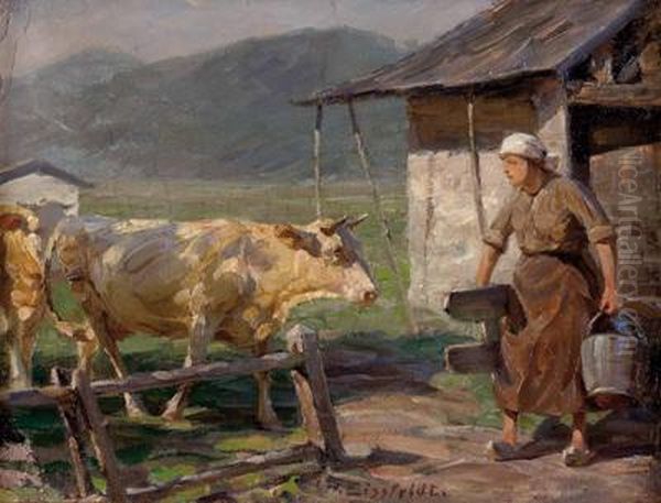 Bauerin Mit Kuhen Im Isartal Oil Painting by Hermann Eissfeldt