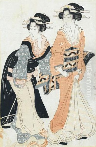 Zwei Geishas Mit Lampion Oil Painting by Eizan