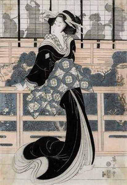 A Courtesan On A Veranda Oil Painting by Kikukawa Eizan