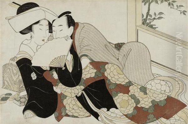 Courtesan And Her Lover Oil Painting by Kikukawa Eizan