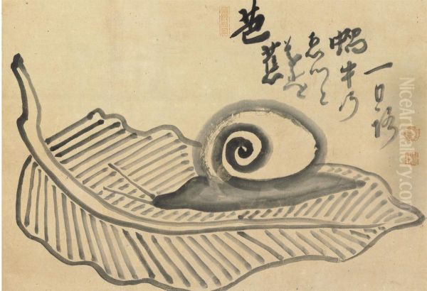 Snail On Plantain Leaf Oil Painting by Hakuin Ekaku