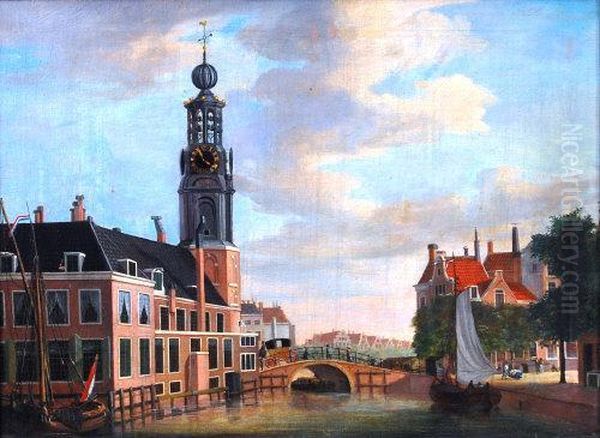 With Figures And Carriageon A Bridge Over The Canal, Oil On Canvas, Signed And Dated Lowerleft 1787, 55 X 76cm Oil Painting by Jan the Younger Ekels