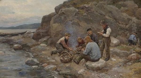 Fishers By A Beach Oil Painting by Jahn Ekenaes