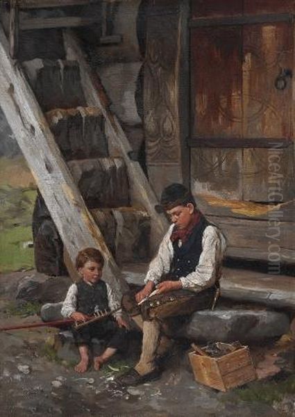 To Sittende Gutter 1885 Oil Painting by Jahn Ekenaes