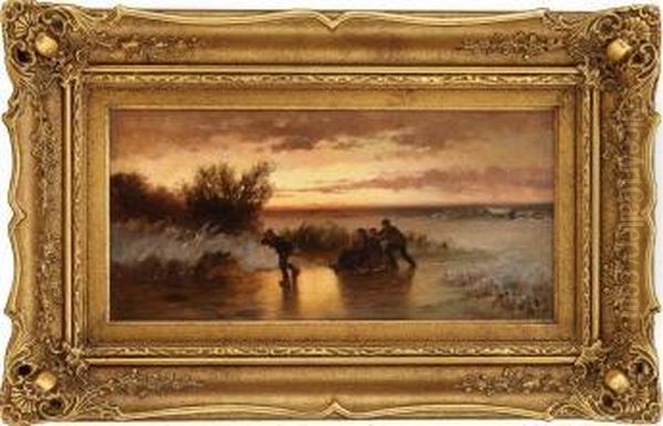 Vinterlandskap Med Folkeliv 1875 Oil Painting by Jahn Ekenaes