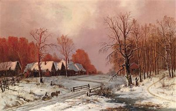 Russianvillage In Winter Oil Painting by Vasilij Efimovitch Ekgorst