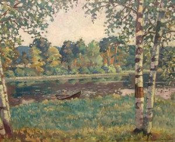 Moored Boat In A Tranquil Wooded River Landscape Oil Painting by Niilo Eklund