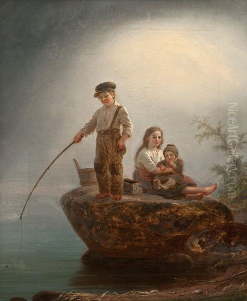 Children On The Shore Oil Painting by Robert Wilhelm Ekman