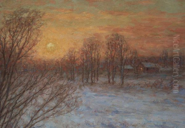 Winter Landscape With Setting Sun Oil Painting by Per Ekstrom