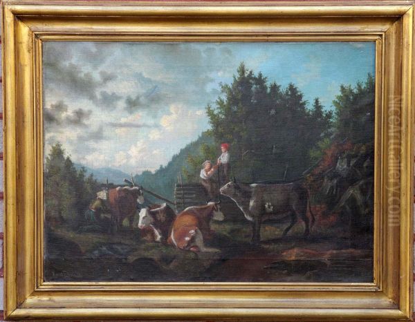 Allmogekladda Figurer Med Boskap Oil Painting by H. Knut Ekwall