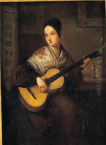 Dama Joven Tocando La Guitarra Oil Painting by Jose Elbo