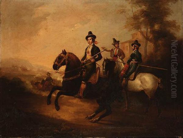 Caballeros; And Caballero In The Field Oil Painting by Jose Elbo