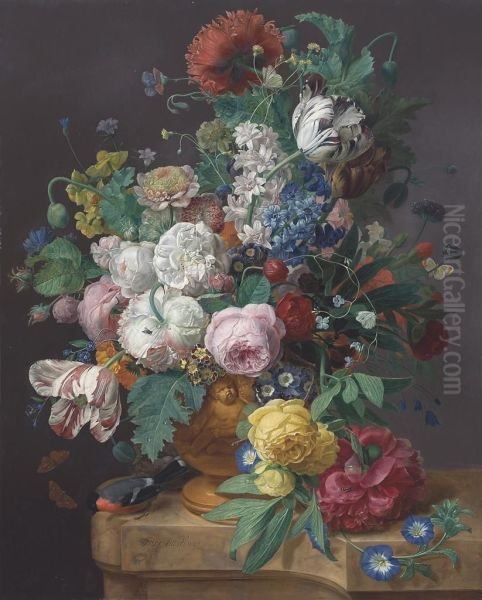 Tulips, Peonies, Daffodils And Other Flowers In A Terracotta Vase Oil Painting by Jan Frans Eliaerts