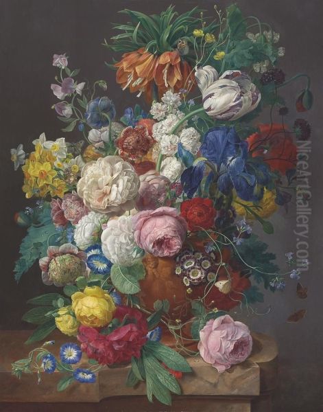 A Crown Imperial Lilly Uttercups, Tulips, Vetches And Other Flowersin A Terracotta Vase Oil Painting by Jan Frans Eliaerts