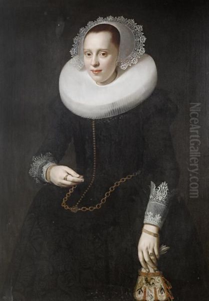 Portrait Of A Lady, Standing,three-quarter-length, In A Black Dress And White Collar, Holding Aglove Oil Painting by Nicolaes (Pickenoy) Eliasz