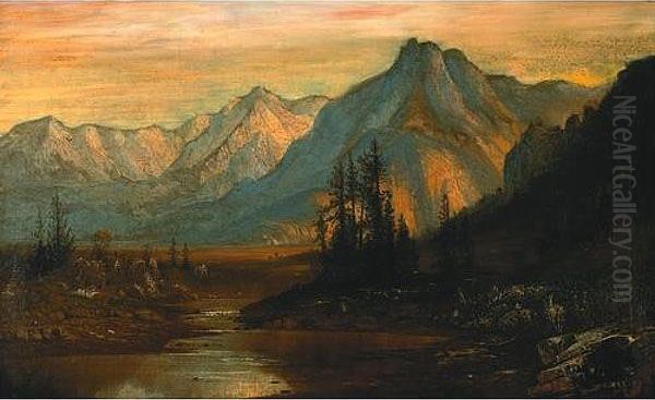 A Mountain Valley Under The Rising Sun Oil Painting by Henry Arthur Elkins