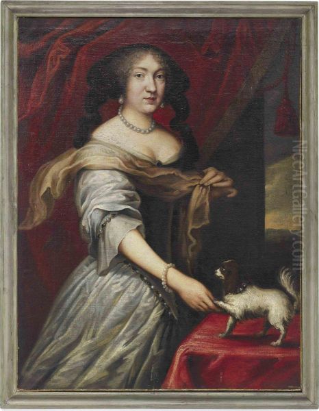 Portrait Of A Lady, Three-quarter-length, In A White Silk Dress, Apuppy By Her Left Hand Oil Painting by Louis Ferdinand (the Elder) Elle