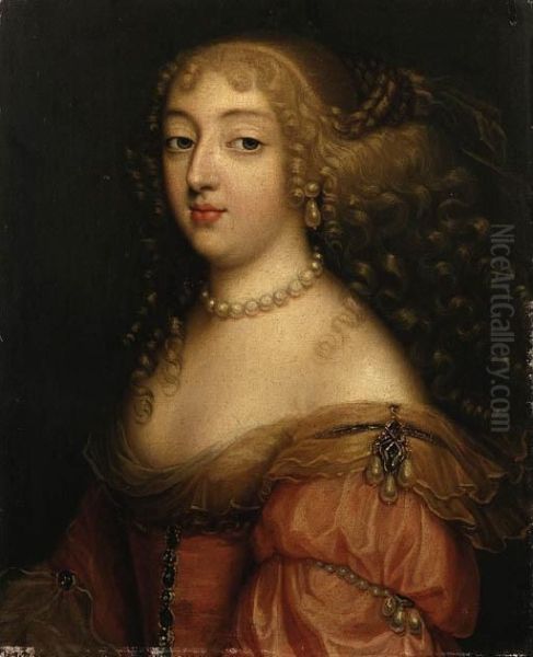 Portrait Of A Lady, Said To Be Laura Mancini, Duchesse De Mrceur,bust Length, In A Red Dress, With A Pearl Necklace Andearrings Oil Painting by Louis Ferdinand (the Elder) Elle