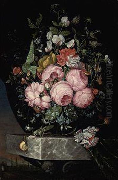 Roses, A Parrot Tulip, Carnations And Other Flowers In A Glass Vaseon A Marble Ledge With A Snail, A Beetle And A Cricket Oil Painting by Ottmar The Elder Elliger