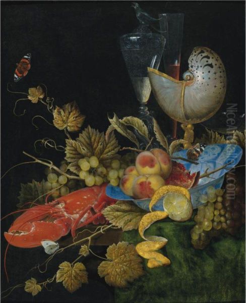 Still Life With Lobster, Fruit And A Nautilus Shell Oil Painting by Ottmar The Elder Elliger