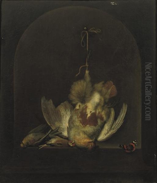 A Dead Partridge Hanging From A Nail With Two Other Dead Birds In A Painted Niche, A Butterfly Nearby Oil Painting by Ottmar The Elder Elliger