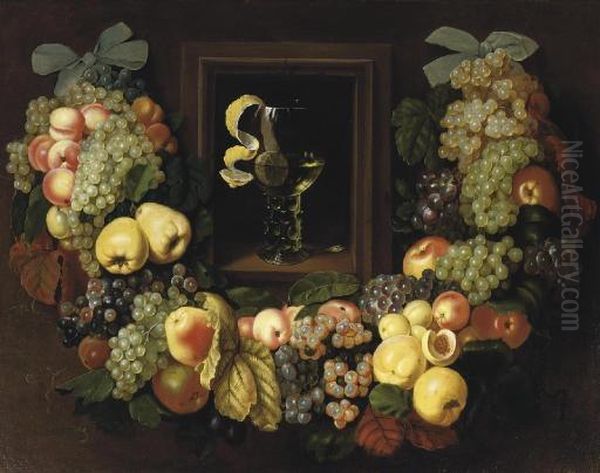 A Garland Of Grapes, Peaches, Plums And Apples Hanging From Two Blue Ribons Surrounding A Niche With A 'roemer' With White Wine And A Partially Peeled Lemon Oil Painting by Ottmar The Elder Elliger