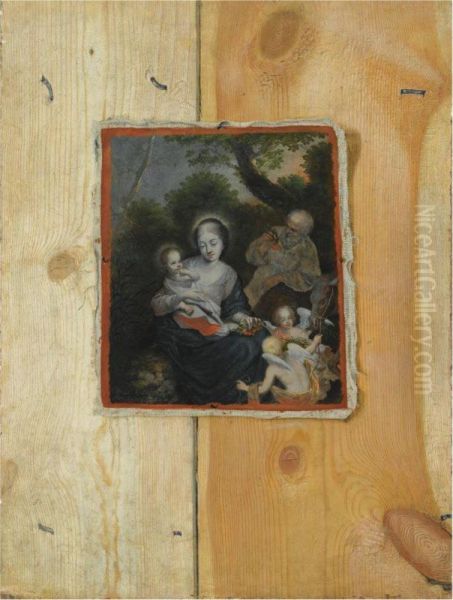 An Unstretched Canvas With A Representation Of The Holy Family, Affixed To A Wall Oil Painting by Ottmar The Elder Elliger