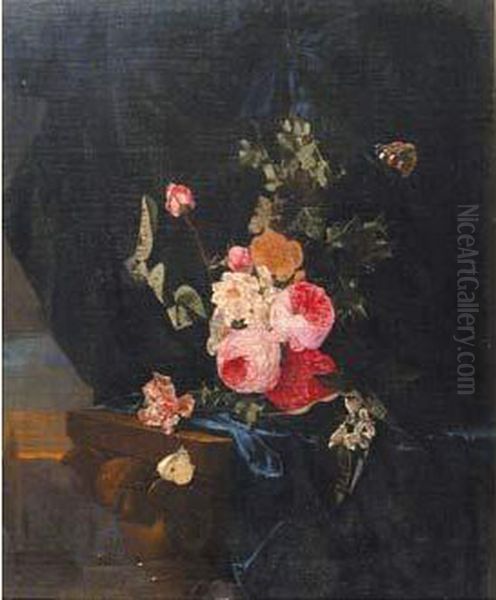 Nature Morte De Fleurs Retenues Par Un Ruban Bleu Au Dessus Dune Console Oil Painting by Ottmar The Elder Elliger