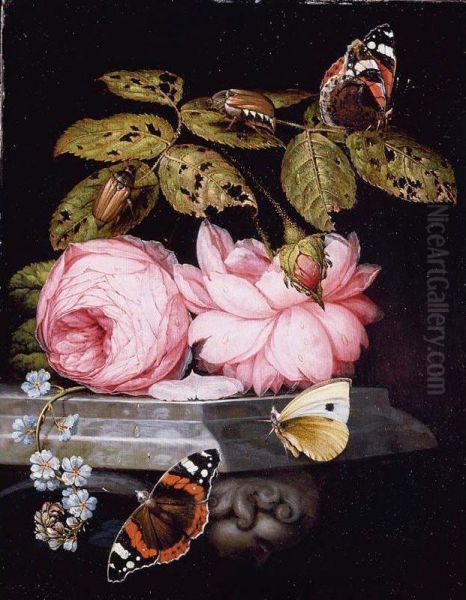 A Still Life With Sprigs Of Guelder-rose And Forget-me-not Resting On A Sculpted Marble Ledge, And Red Admiral Butterflies And A Cabbage White, And Large Bugs Oil Painting by Ottmar The Elder Elliger