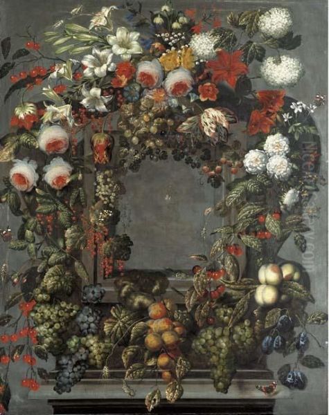 A Garland Of Lilies, Rose, Tulips And Other Flowers With Bunches Of Black And White Grapes On The Vine, Cherries, Strawberries And Other Fruit Around A Stone Niche With A Spider Oil Painting by Ottmar The Elder Elliger