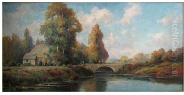 House By River With People And Stone Bridge Oil Painting by Daniel Giraud Elliot