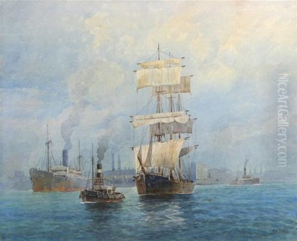 Shipping In A Harbour Oil Painting by Frederick Elliot