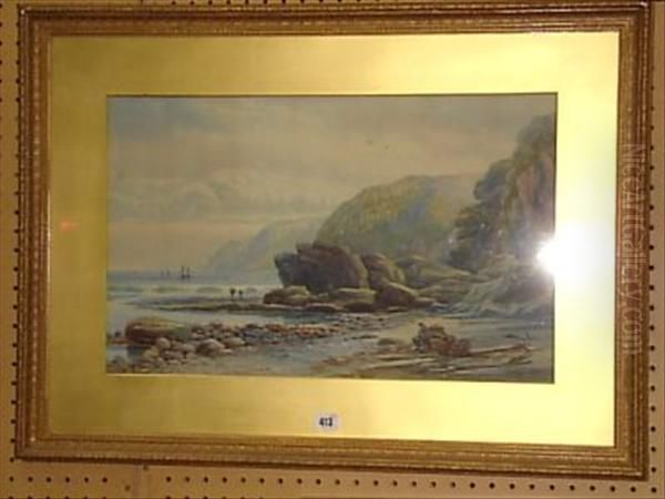 Charlestown Beach Looking Towards The Lizard Peninsula Cornishmarine Coastal Scene With Fishermen And Boats Beneath Rugged Cliffswatercolour Signed And Dated '73 Lower Right 82 Cm X 59 Cm Seeillustration On Our Website Oil Painting by James Elliott