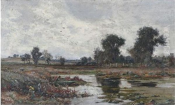 Tranquil Landscape With Man In A Punt Oil Painting by James Elliott