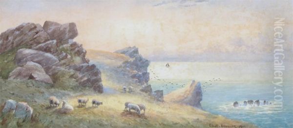 Looking Westward On The Headland Newquay Oil Painting by John Elliott