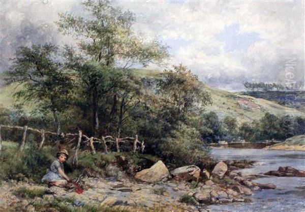 Girl Seated Beside A Stream Oil Painting by Robinson Elliot