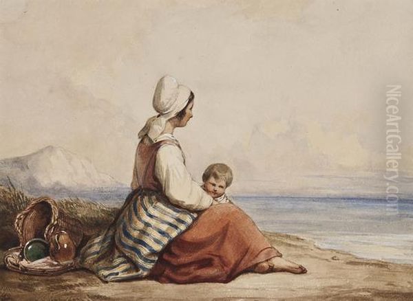 Peasant Girl With Boy By The Sea Oil Painting by Robinson Elliot