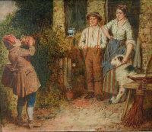 Young Musician And Figures With A Dog In A Cottage Doorway Oil Painting by Robinson Elliot