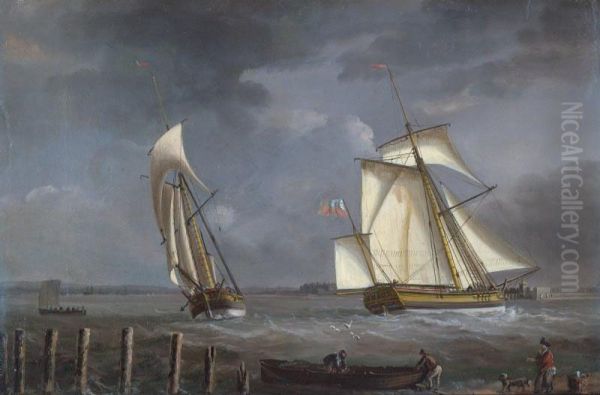 A Vessel In Two Positions Approaching Portsmouth Harbour Oil Painting by William Lieut. Elliott