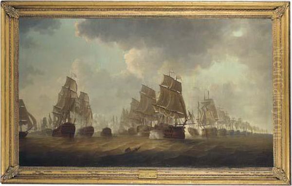 Admiral Rodney's Flagship Formidable Firing A Starboard Broadside Into Enemy Ships At The Battle Of The Saintes Oil Painting by William Lieut. Elliott